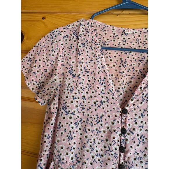 Romwe Pink Floral Ruffle Button Front Short Sleeve Mini Dress Women Size S - Picture 11 of 12